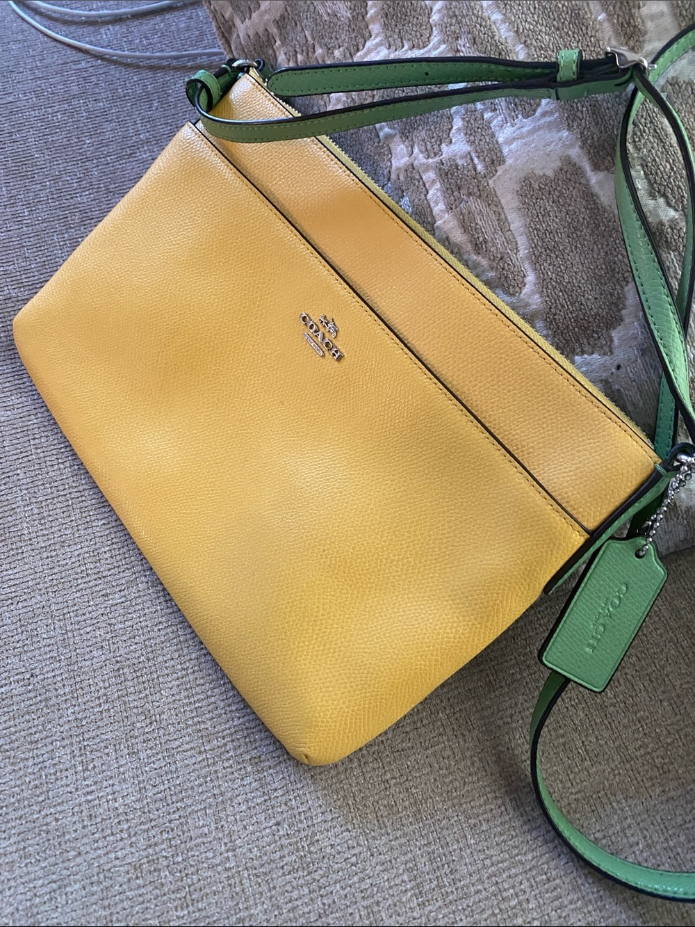 Coach Yellow Pebble Leather Crossbody with Green Strap